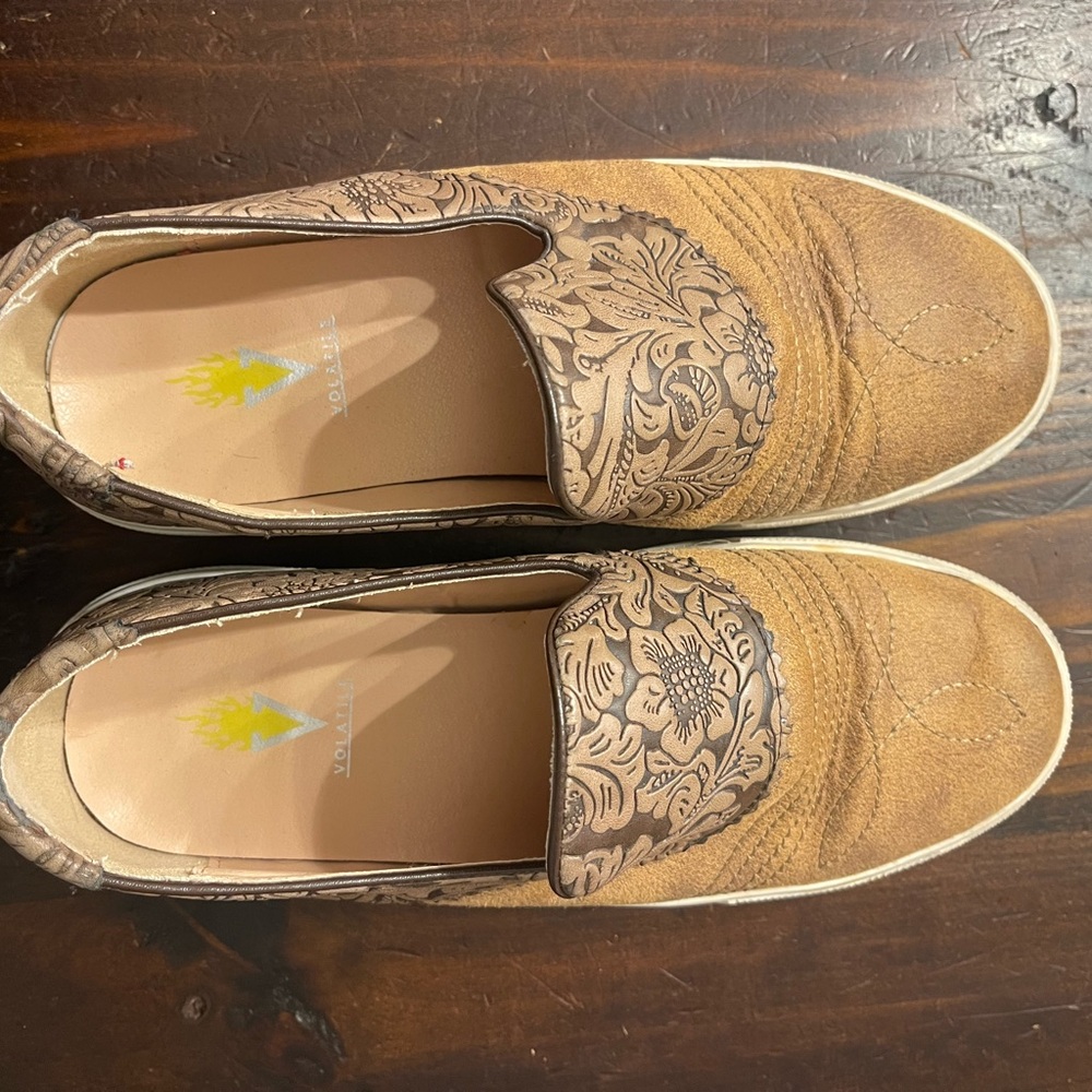 Volatile  Slip-On Loafers in Tan with Floral Embossed Vamp